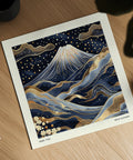 Stunningly designed artwork featuring Mount Fuji adorned with intricate gold-like detailing and set against a deep navy blue background in a unique Japanese-inspired design inspired by Yayoi Kusama's art
