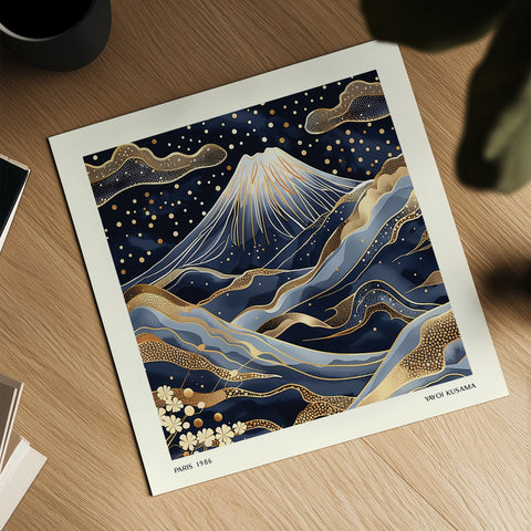 Stunningly designed artwork featuring Mount Fuji adorned with intricate gold-like detailing and set against a deep navy blue background in a unique Japanese-inspired design inspired by Yayoi Kusama's art
