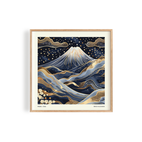 Stunningly designed artwork featuring Mount Fuji adorned with intricate gold-like detailing and set against a deep navy blue background in a unique Japanese-inspired design inspired by Yayoi Kusama's art
