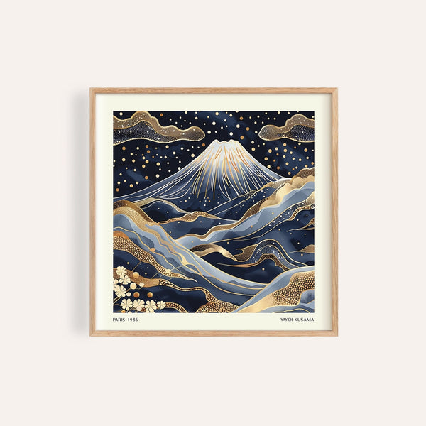blue and gold wall art featuring Mount Fuji
