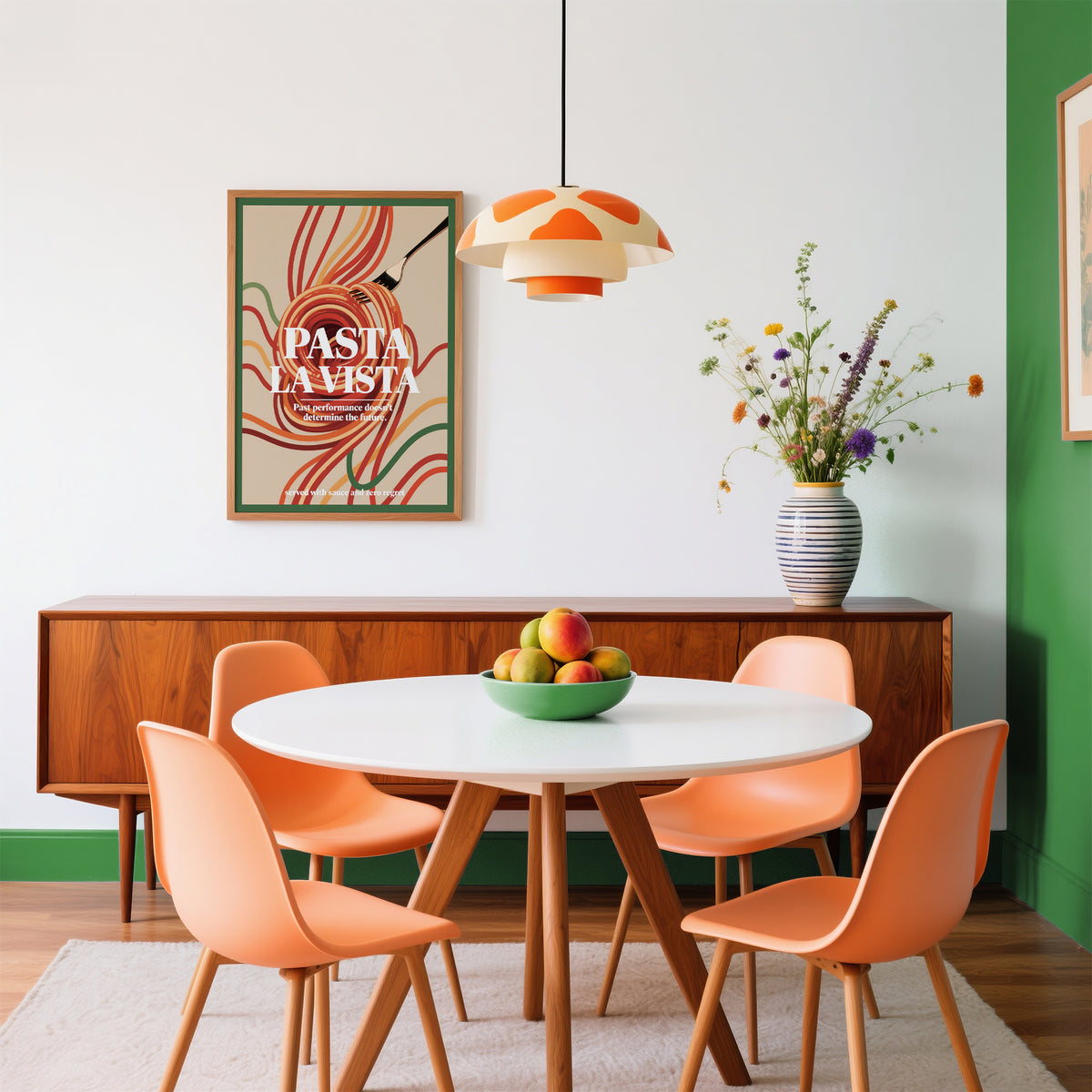 Dining room with round table, orange chairs, and a 'Pasta La Vista' poster on the wall.