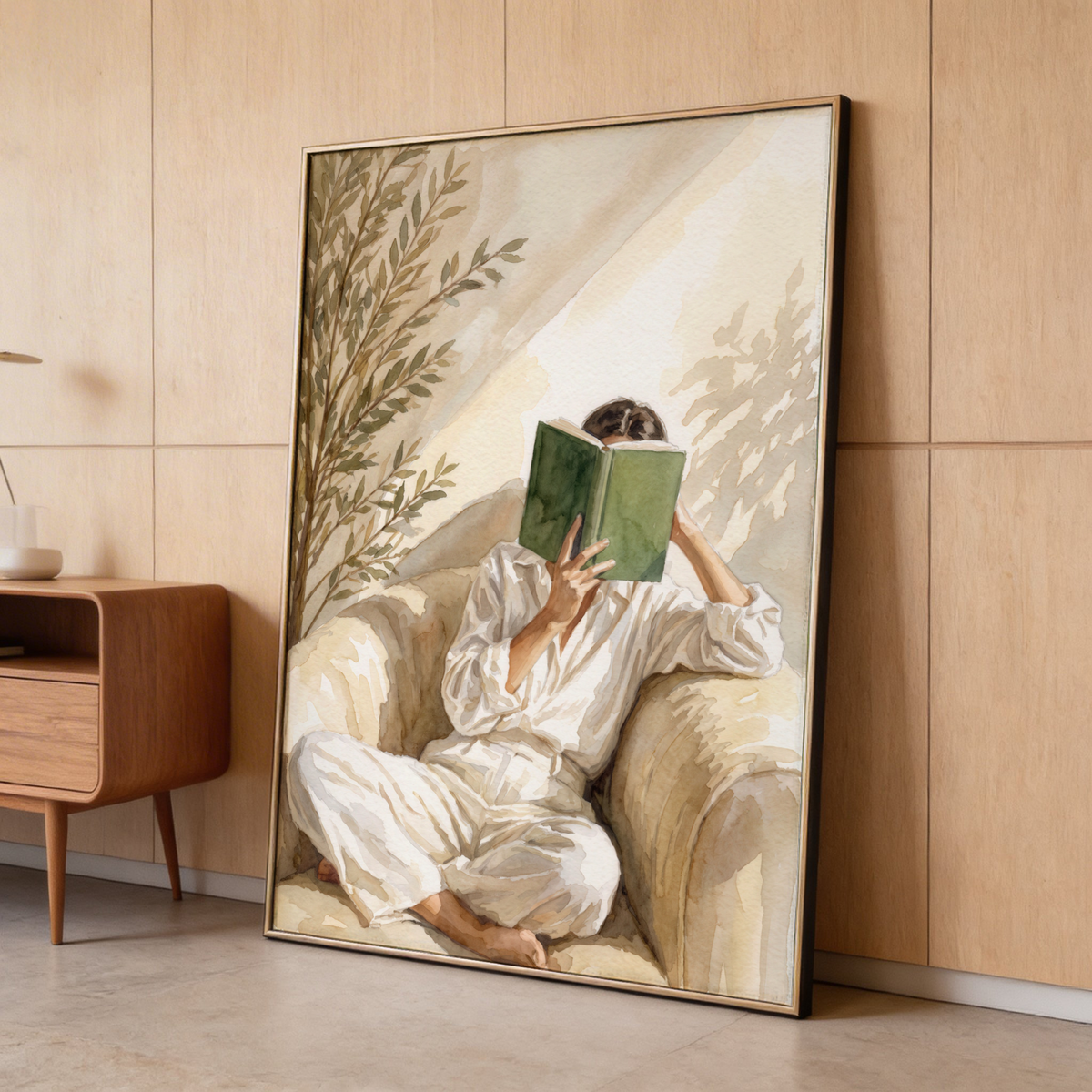 Watercolor poster of lounging reader on cushioned sofa with soft wash background