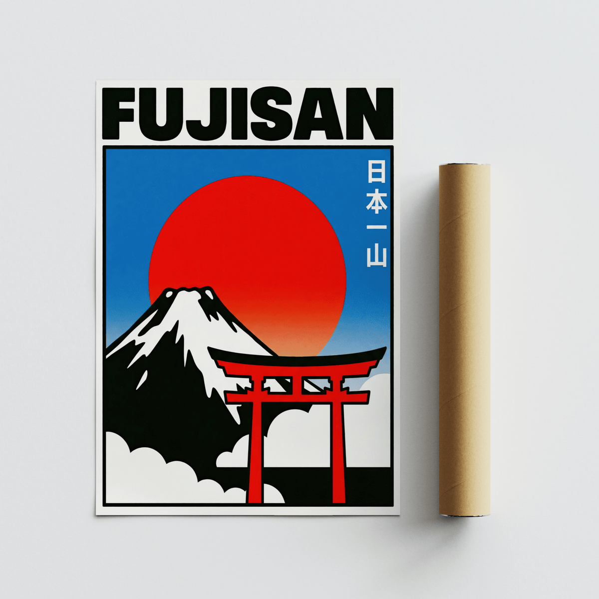 Fujisan Wall Art on White background, Red sun, Blue sky for bedroom print