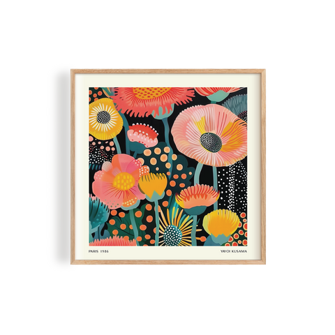 Stunning modern floral design featuring vibrant flowers in shades of orange, yellow, and pink against a striking black background
