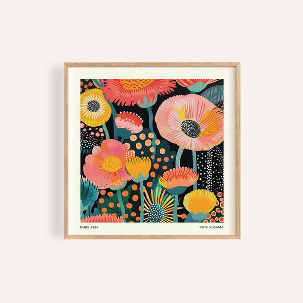 Bold orange and pink composition in Kusama-inspired flowers poster