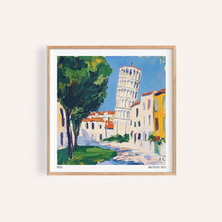 Leaning Tower of Pisa Pictures framed print close-up with green tree and yellow buildings