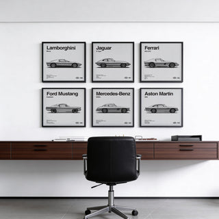 Automotive Posters gallery wall set for office in black, gray, white, wall art set.
