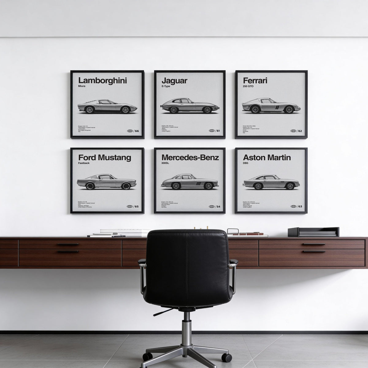 Automotive Posters gallery wall set for office in black, gray, white, wall art set.