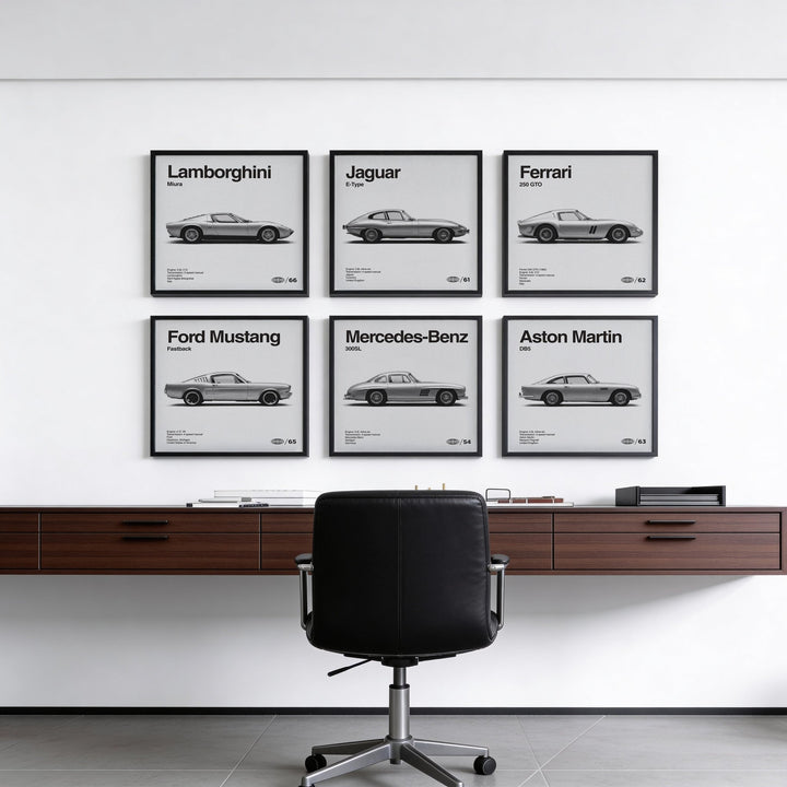 Automotive Posters gallery wall set for office in black, gray, white, wall art set.