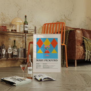 Bold kitchen print showing a vintage Mary Pickford drink recipe with colorful diamonds.