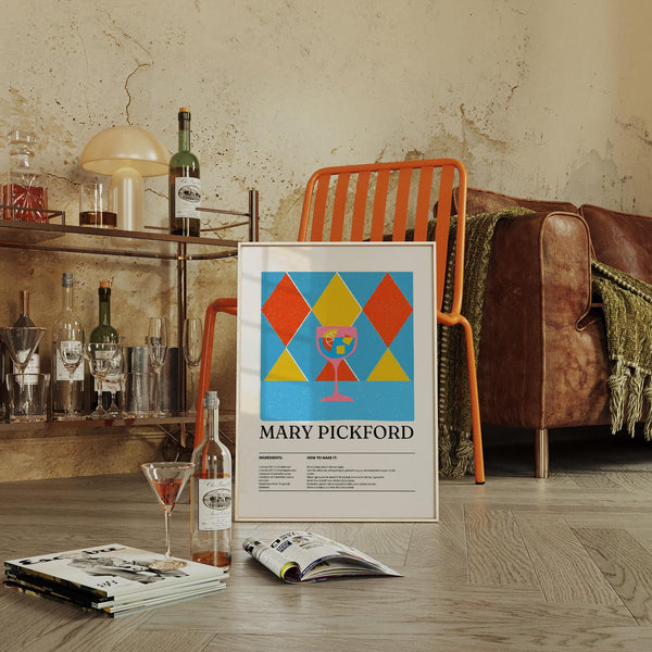 Bold kitchen print showing a vintage Mary Pickford drink recipe with colorful diamonds.