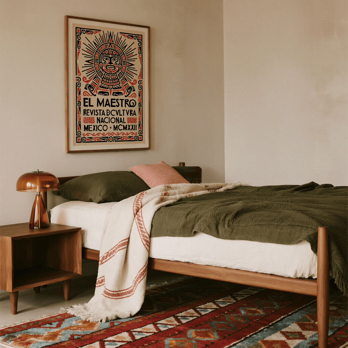 Bedroom with wooden bed, nightstand, and decorative poster on wall