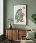 Kimono-clad frog poster with patterned sleeves and open hand fan