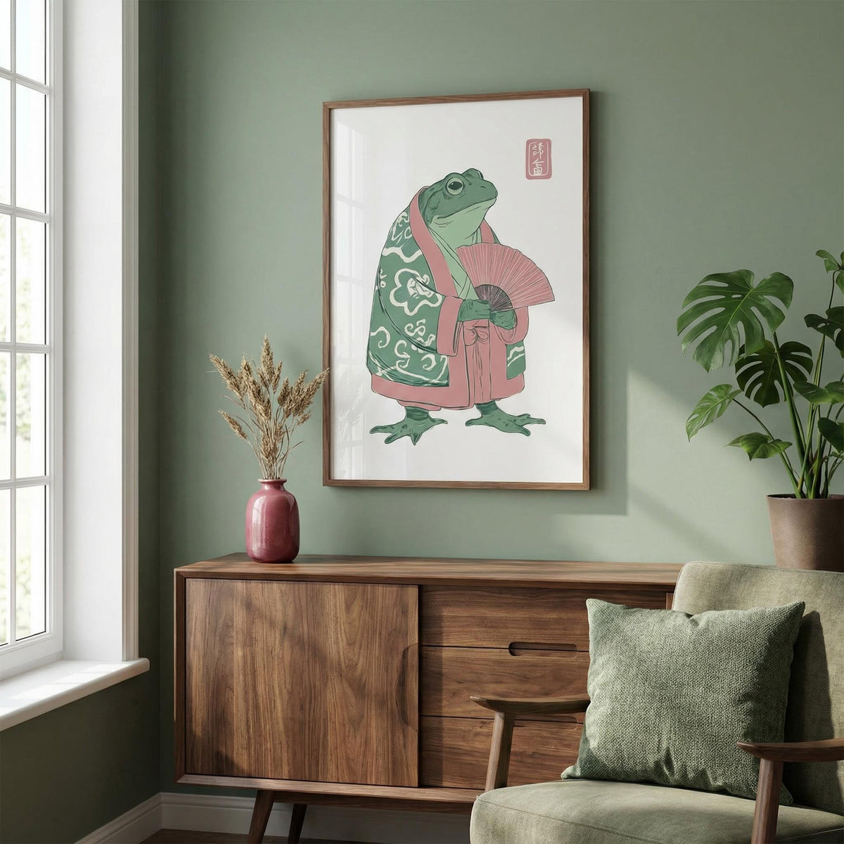 Kimono-clad frog poster with patterned sleeves and open hand fan