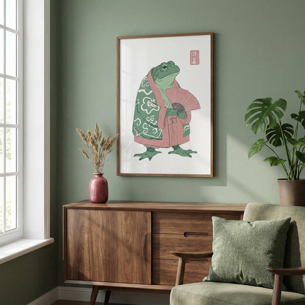 Kimono-clad frog poster with patterned sleeves and open hand fan