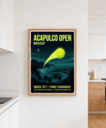 Illustrated tennis ball poster with luminous arc across sky and city lights below