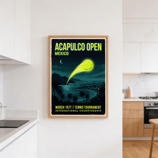 Illustrated tennis ball poster with luminous arc across sky and city lights below