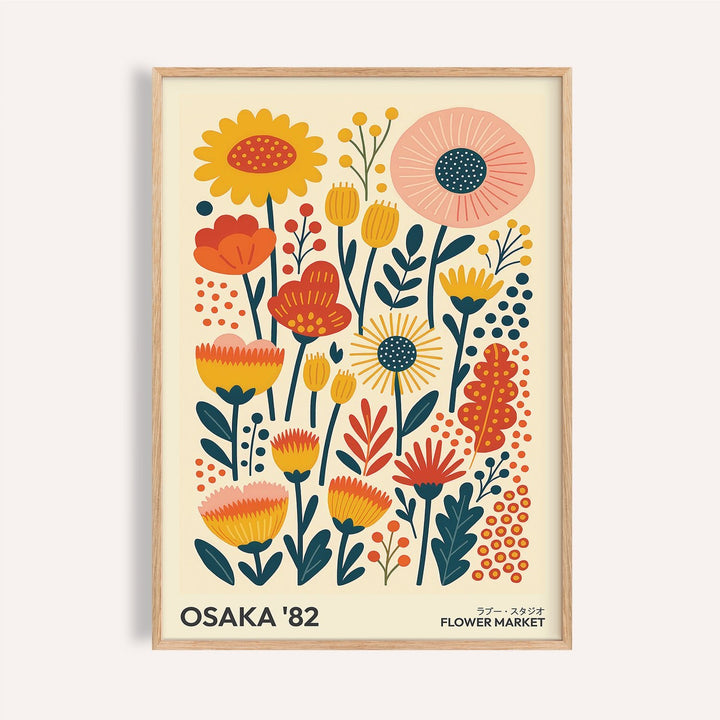 Bright yellow and red wall art flowers print for living room