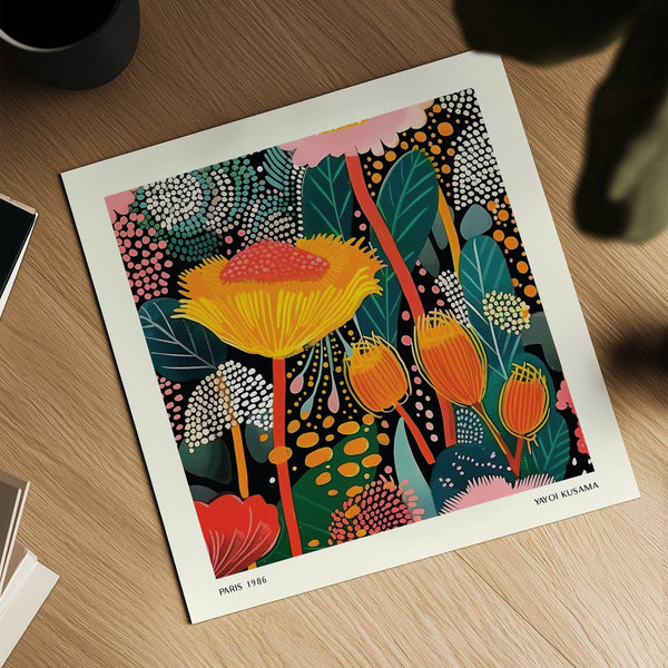 Square flower artwork in vibrant floral prints for framing