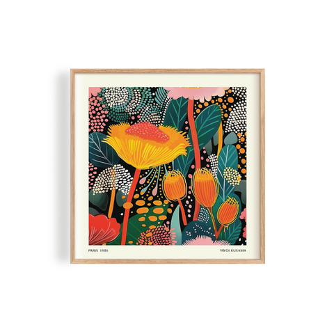 Stunningly designed square print featuring bold and bright orange and yellow flowers with intricate details against a sleek black background in a unique floral design inspired by Yayoi Kusama's art
