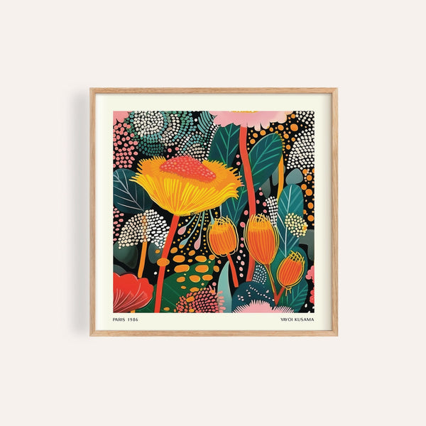 Orange and yellow Kusama floral prints for framing on black background