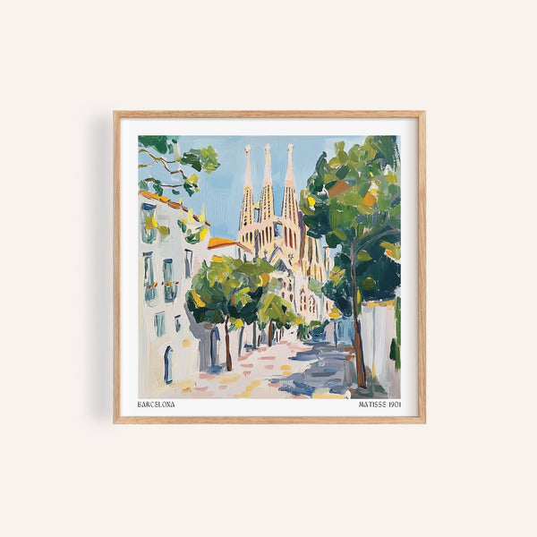 Sunlit travel wall art of Barcelona’s Sagrada Família with warm tones

