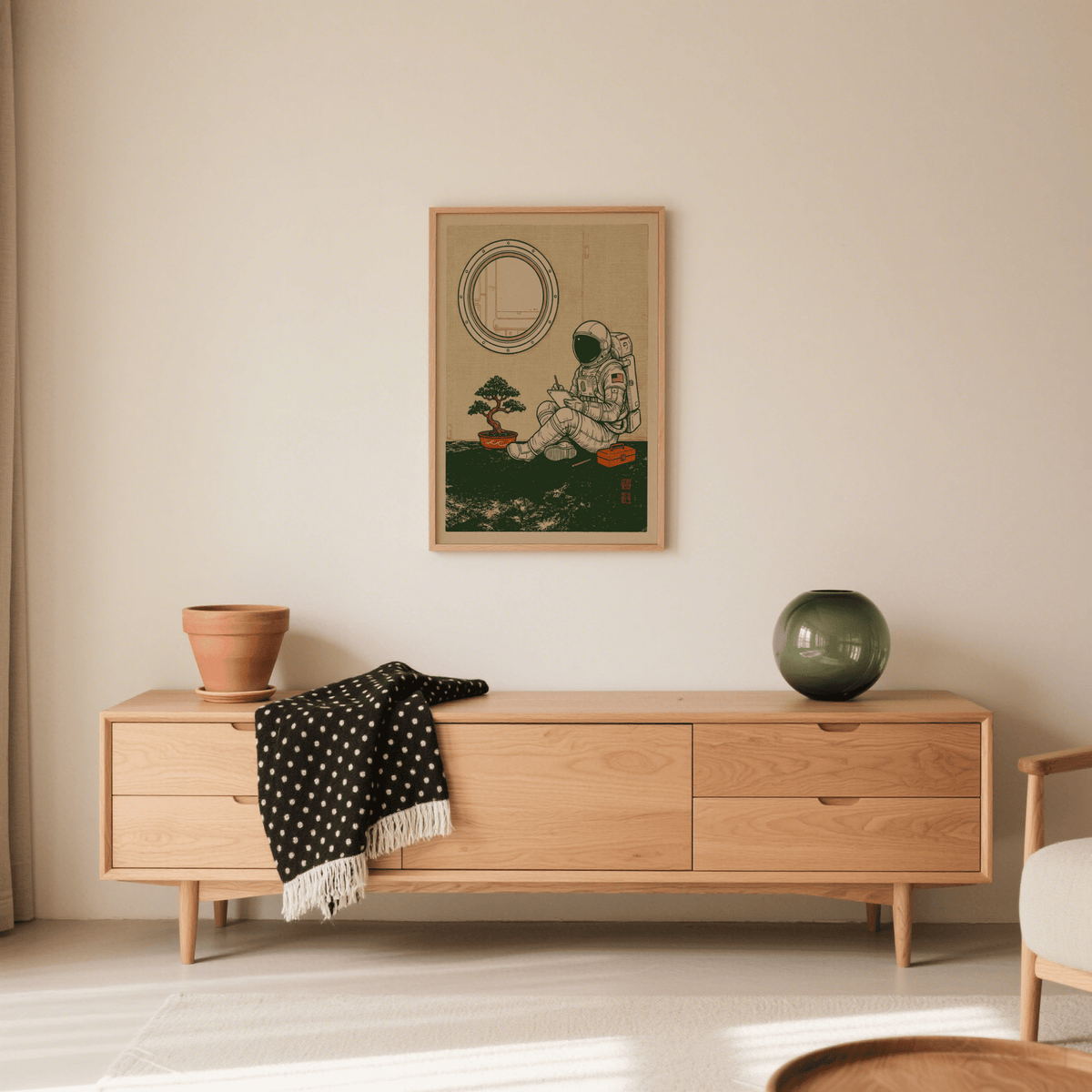 Space Astronaut Art Print with bonsai, Beige space background, for lounge wall