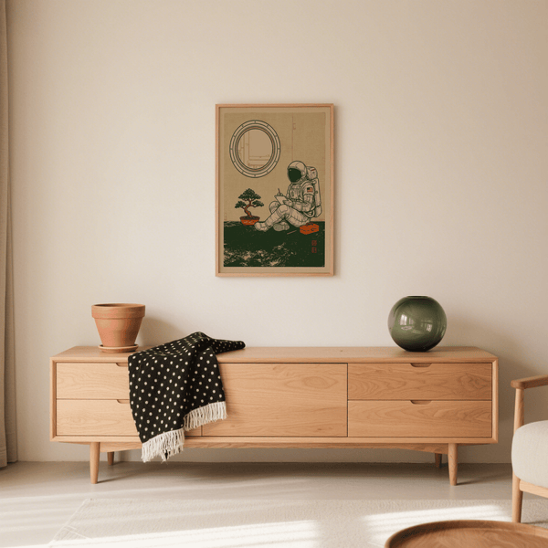 Space Astronaut Art Print with bonsai, Beige space background, for lounge wall
