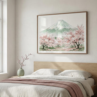 Framed Mount Fuji Print displayed above a calm minimalist desk setup