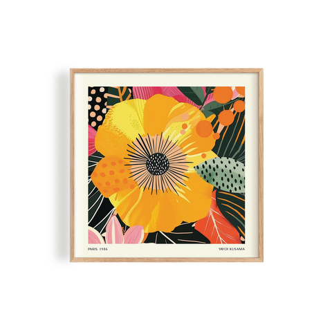 Stunning modern floral design featuring a bold yellow flower with intricate black and orange accents, set against a lively backdrop of botanical elements
