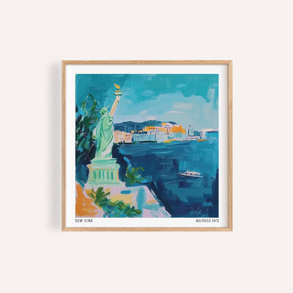 Holiday Posters print featuring rich blues and warm city highlights.