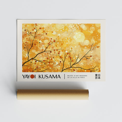 Modern Japanese-inspired artwork featuring warm yellow tones and branch designs
