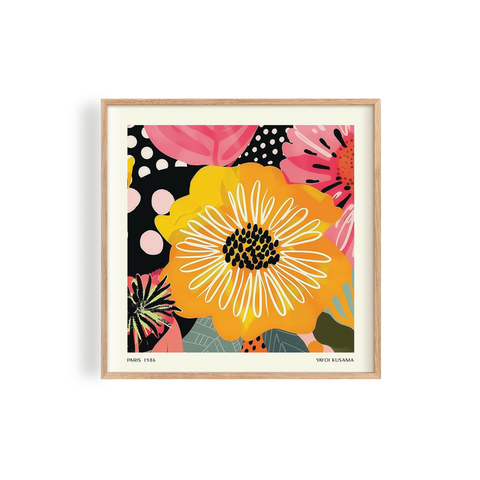 Stunningly designed square print featuring a striking yellow flower with intricate white and black details, surrounded by playful pink and abstract botanical accents in a bold and whimsical design inspired by Yayoi Kusama's art
