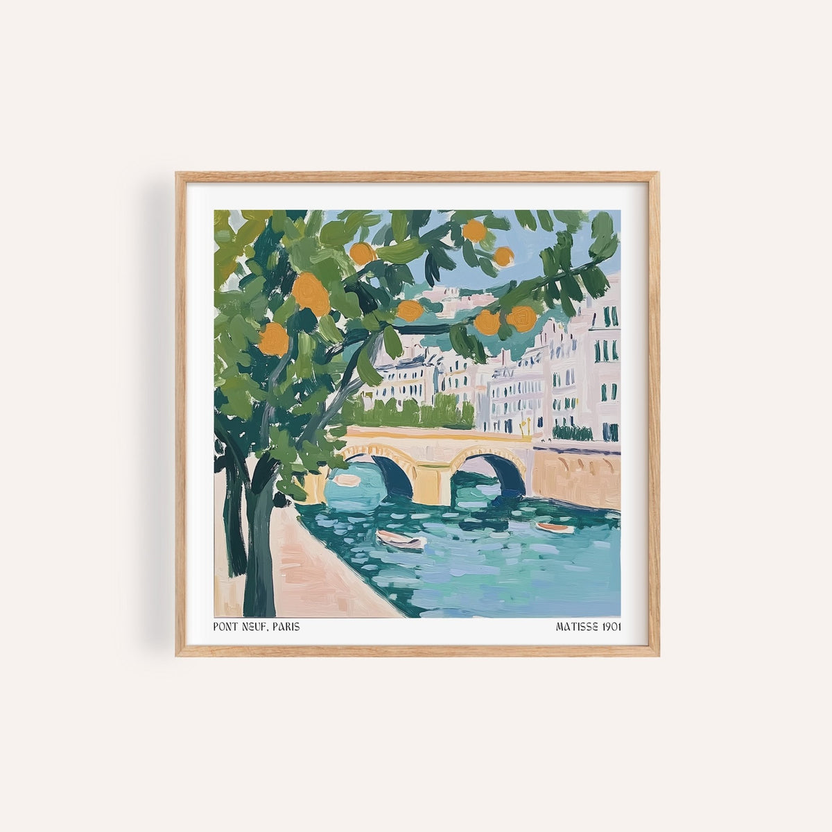 Colorful wall art of Paris showing boats along the Seine River.

