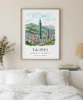 Taipei City Art Print showing Taipei 101 centered above city buildings and hills
