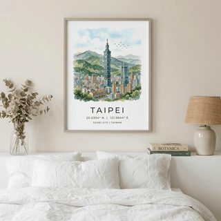 Taipei City Art Print showing Taipei 101 centered above city buildings and hills