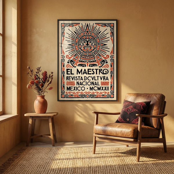 Centered Mexican Culture Poster wall art showing stylized face, radiating lines, and geometric border