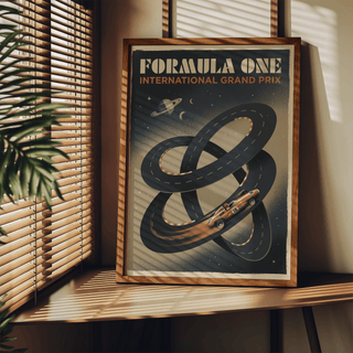 Printed racing poster with impossible loop road and starry sky
