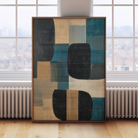 Blue Horizon abstract geometric wall art for modern and Japandi decor, teal and beige design