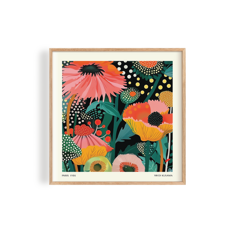 Stunningly designed square print featuring vibrant colours, intricate floral patterns, and playful shapes in a unique abstract design inspired by Yayoi Kusama's art
