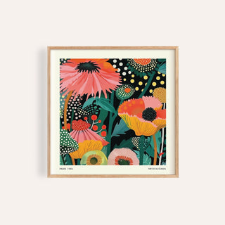 Floral wall hanging of a stylised flower bouquet with orange, pink and green tones in a wooden frame