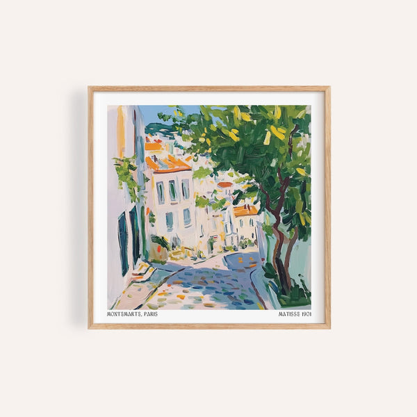 French artwork prints showing Paris Montmartre street with warm light and trees

