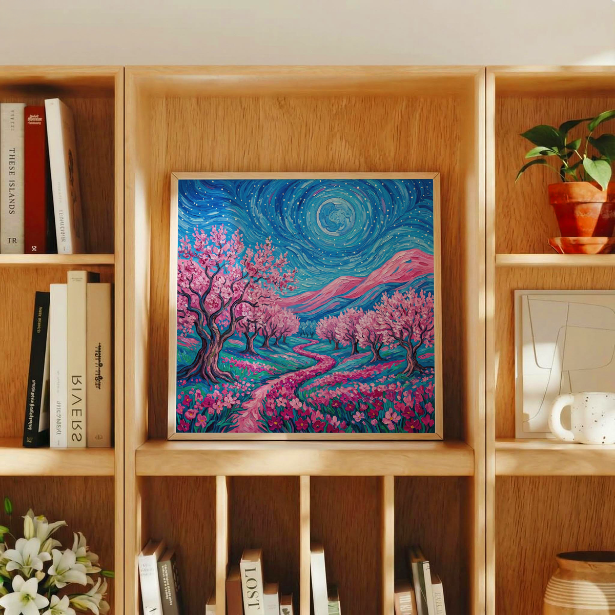 Van Gogh Floral Print poster in Blue and Pink hues for entryway