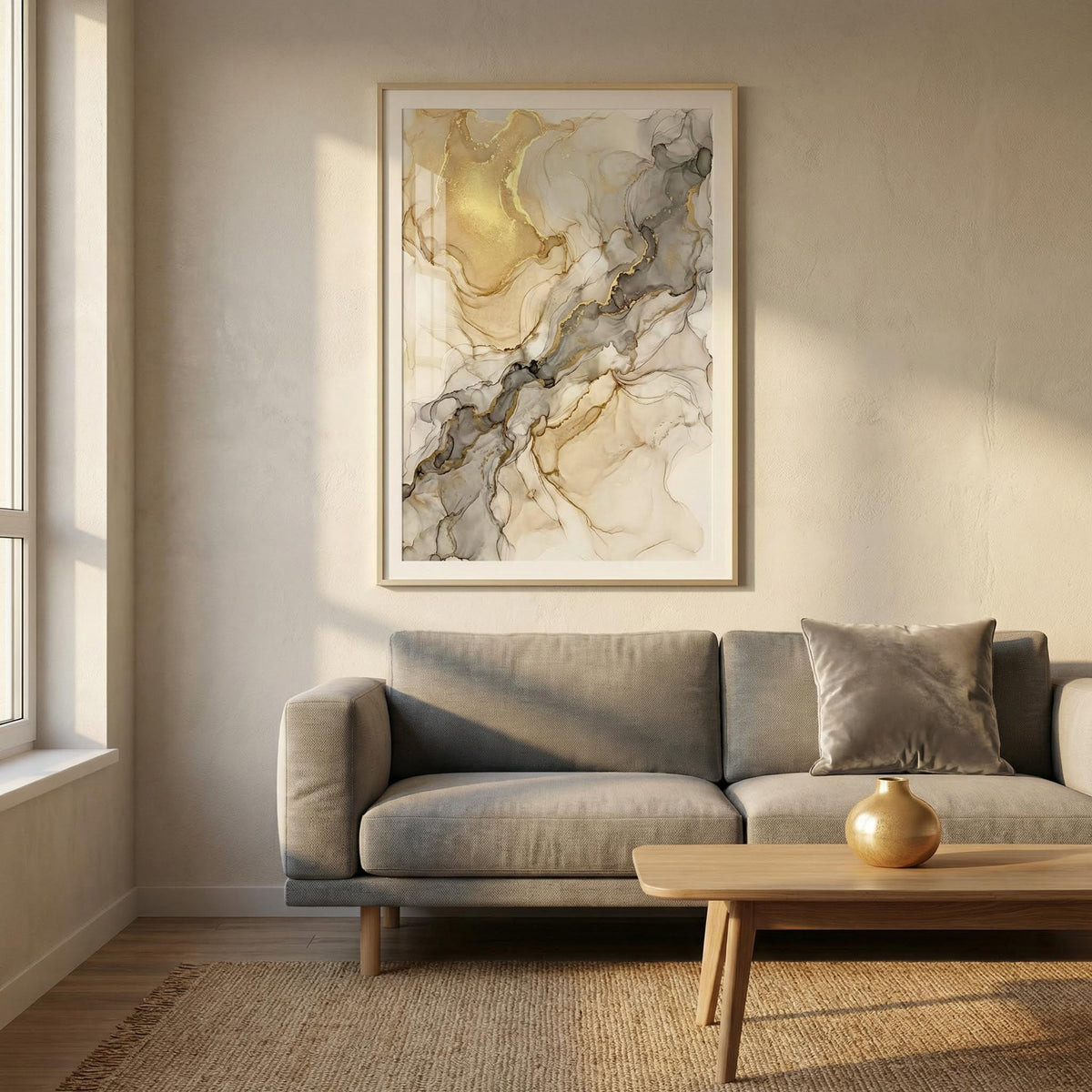 Fluid Art Gold Poster on a textured wall in beige