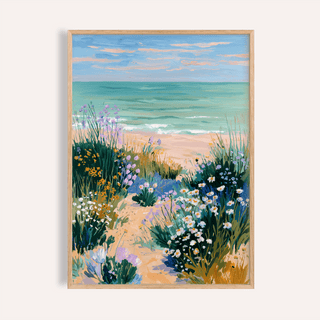 Framed print of coastal flower print with a watercolour path of flowers beside the sea