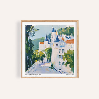 Towered medieval castle art with blue rooftops for living room wall

