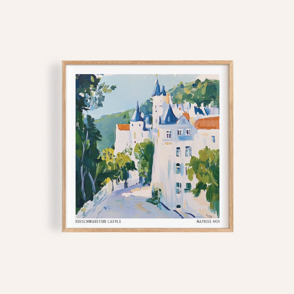 Towered medieval castle art with blue rooftops for living room wall

