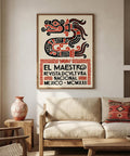 Graphic serpent print poster with geometric shapes and decorative border