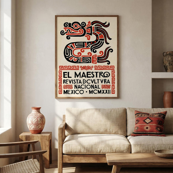 Graphic serpent print poster with geometric shapes and decorative border
