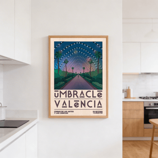 Modern illustration of Umbracle Valencia walkway framed by lush shrubs and palms